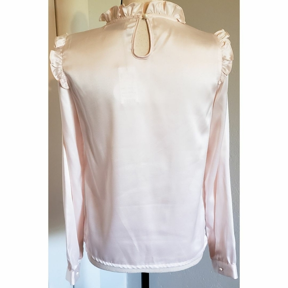 Ank Rouge Satin Ruffle Cross Blouse Top Long Sleeve Beige High Neck - Picture 2 of 3